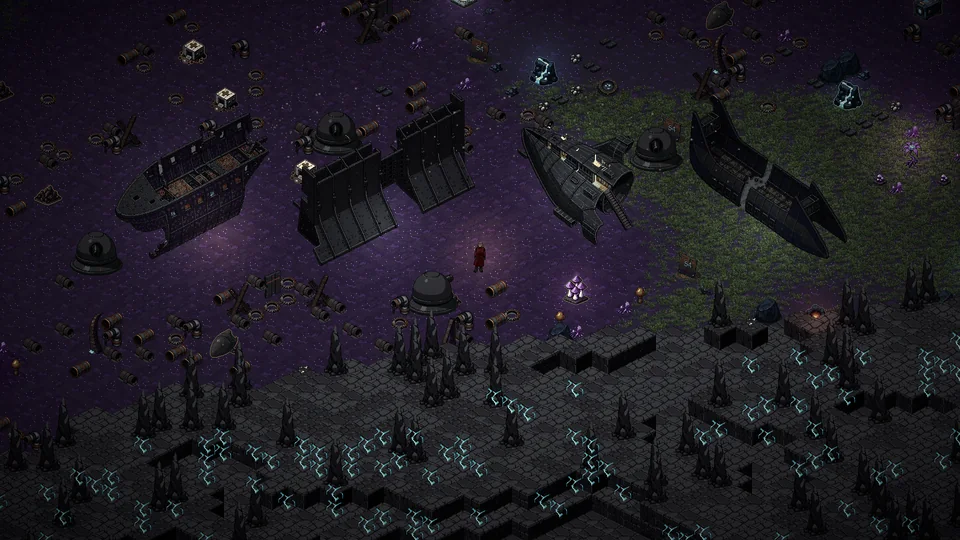 Four great pieces of a dark iron ship's hull lie in a line across violet ground, ringed by squat domed gun turrets.