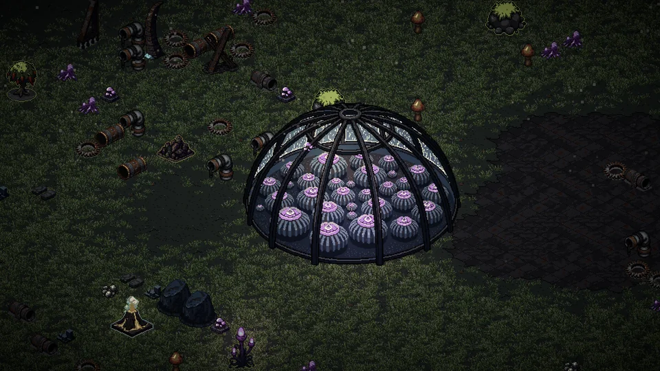 A glass dome full of pale violet growths sits in dark green bloom, ringed with bones and broken machinery.