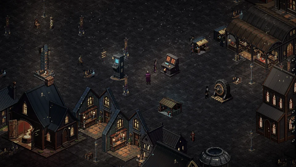 A covered market hall, stalls and street lamps along the Spine's paved street, with townsfolk walking between them.