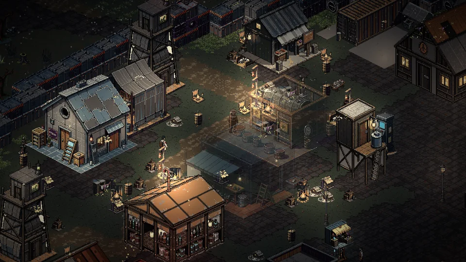 Scrap metal shacks, a rickety watchtower and lantern-lit lanes crowd inside the rusted wall of Skirts Market.