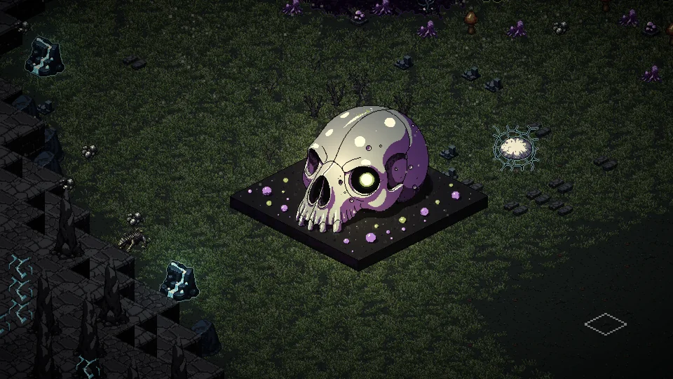 An enormous pale skull with violet markings lies on a dark plinth in the bloom, beside a glowing white bloom.