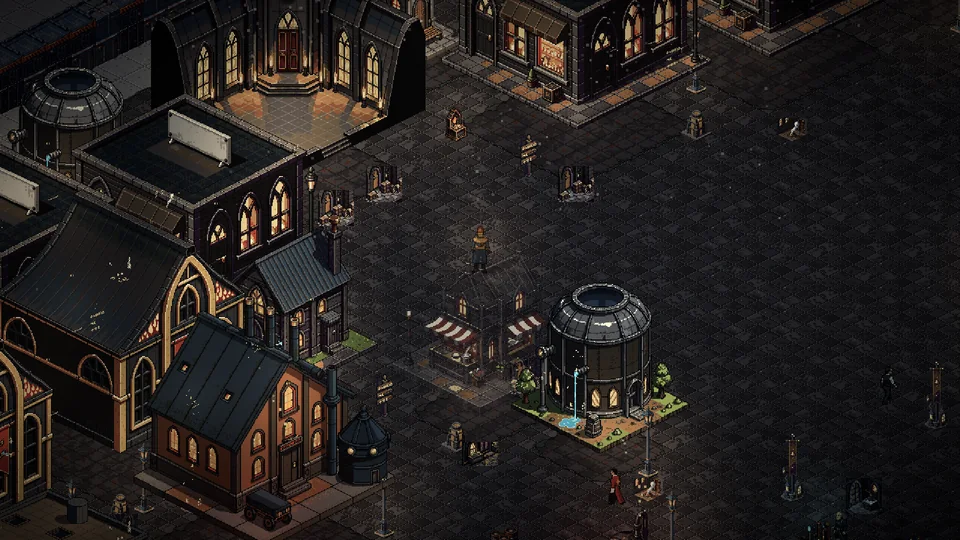 The gothic Waking Hall and tall houses with candlelit windows crowd dark flagstone streets inside the Long Mercy.