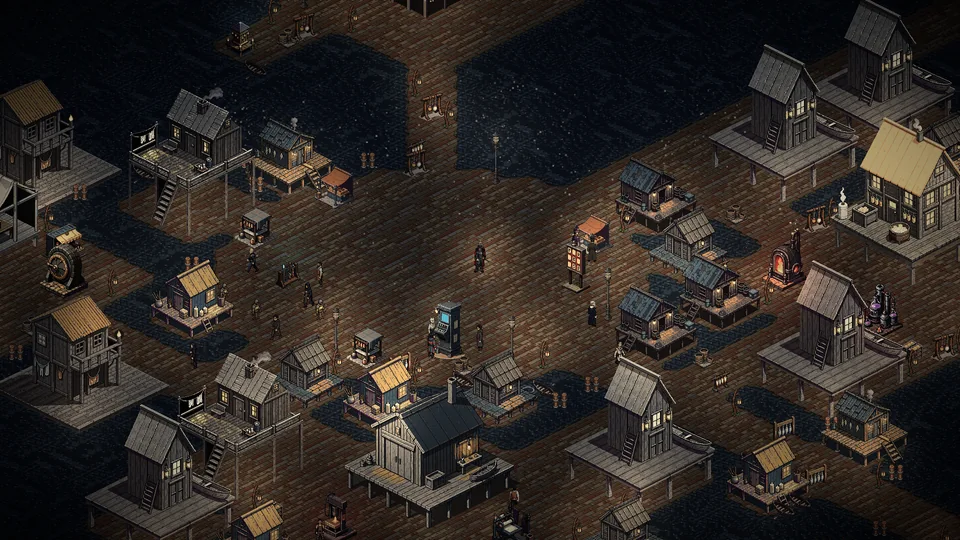 Wooden stilt houses with lamplit windows stand over dark water, joined by broad boardwalks where townsfolk walk.