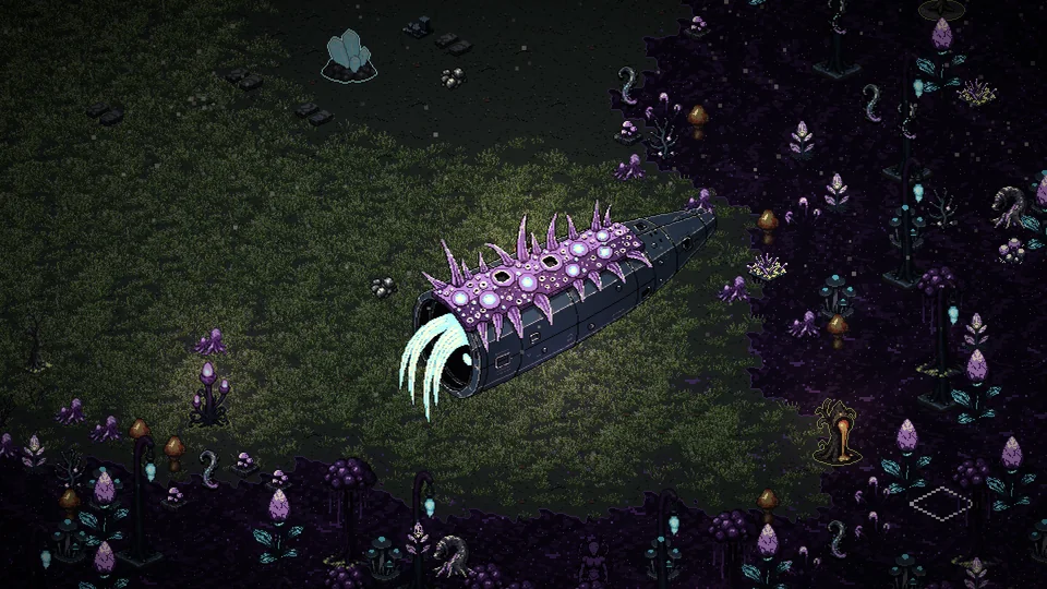 A long dark hull section lies in the bloom, crusted with violet spines and glowing pale growths.